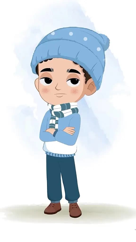 An annoyed boy in winter clothes animated cartoon character aka sachin 3/4
