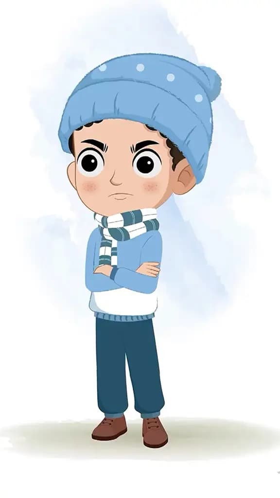 An angry boy in winter clothes animated cartoon character aka sachin 3/4