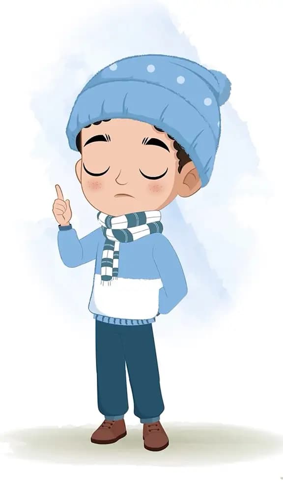 A boy in winter clothes saying no animated cartoon character aka sachin