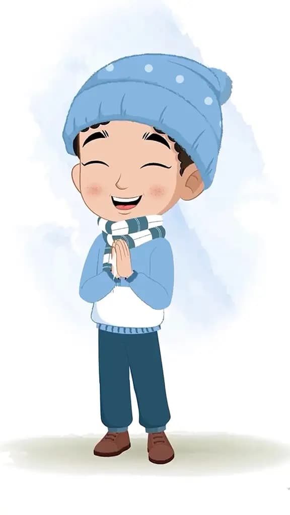 A boy in winter clothes clapping animated cartoon character aka sachin