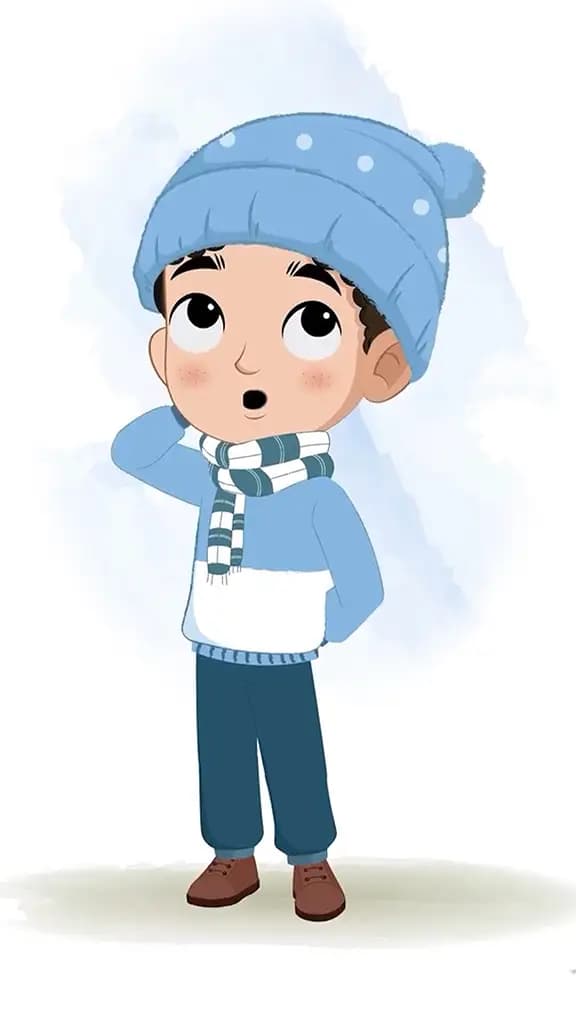 A confused boy in winter clothes animated cartoon character aka sachin 3/4