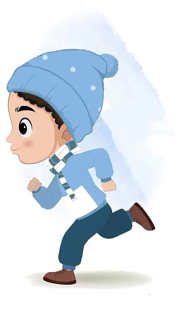 A boy in winter clothes running fast side view animated cartoon character aka sachin