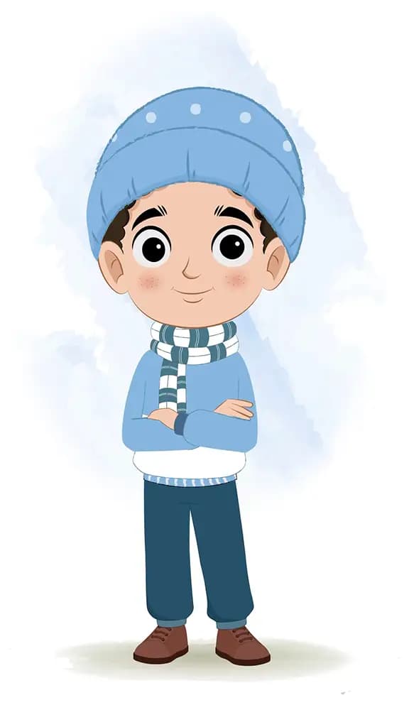 A boy in winter clothes standing with cross hand and talking animated cartoon character aka sachin