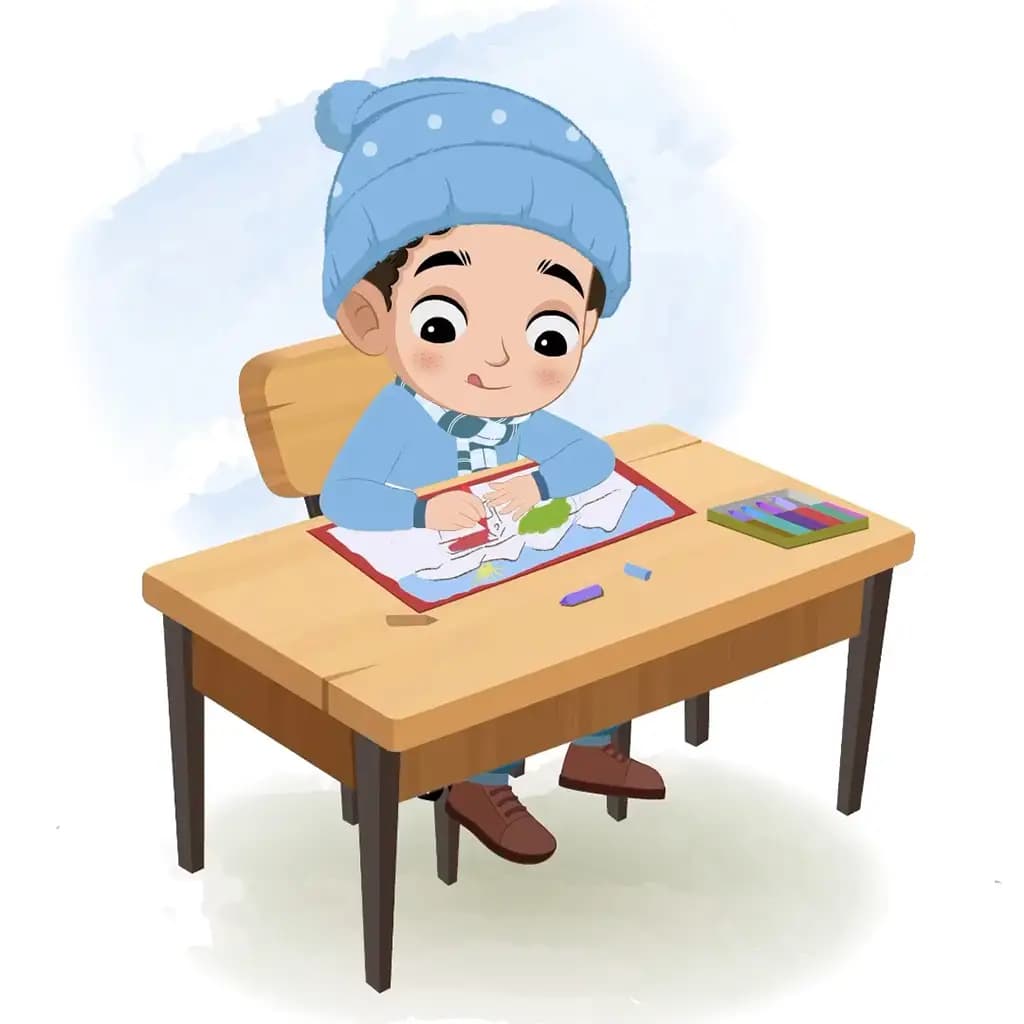 A boy in winter clothes is sitting at a table with some crayons and colouring on the paper aka sachin