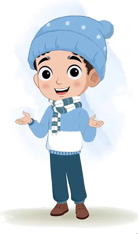 A boy in winter clothes talking animated cartoon character aka sachin 3/4