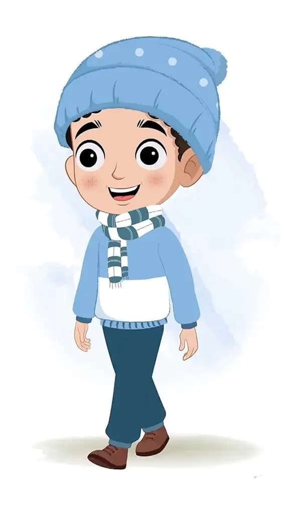 A boy in winter clothes 3/4 front view/three quarter view walking animated cartoon character aka sachin 3/4