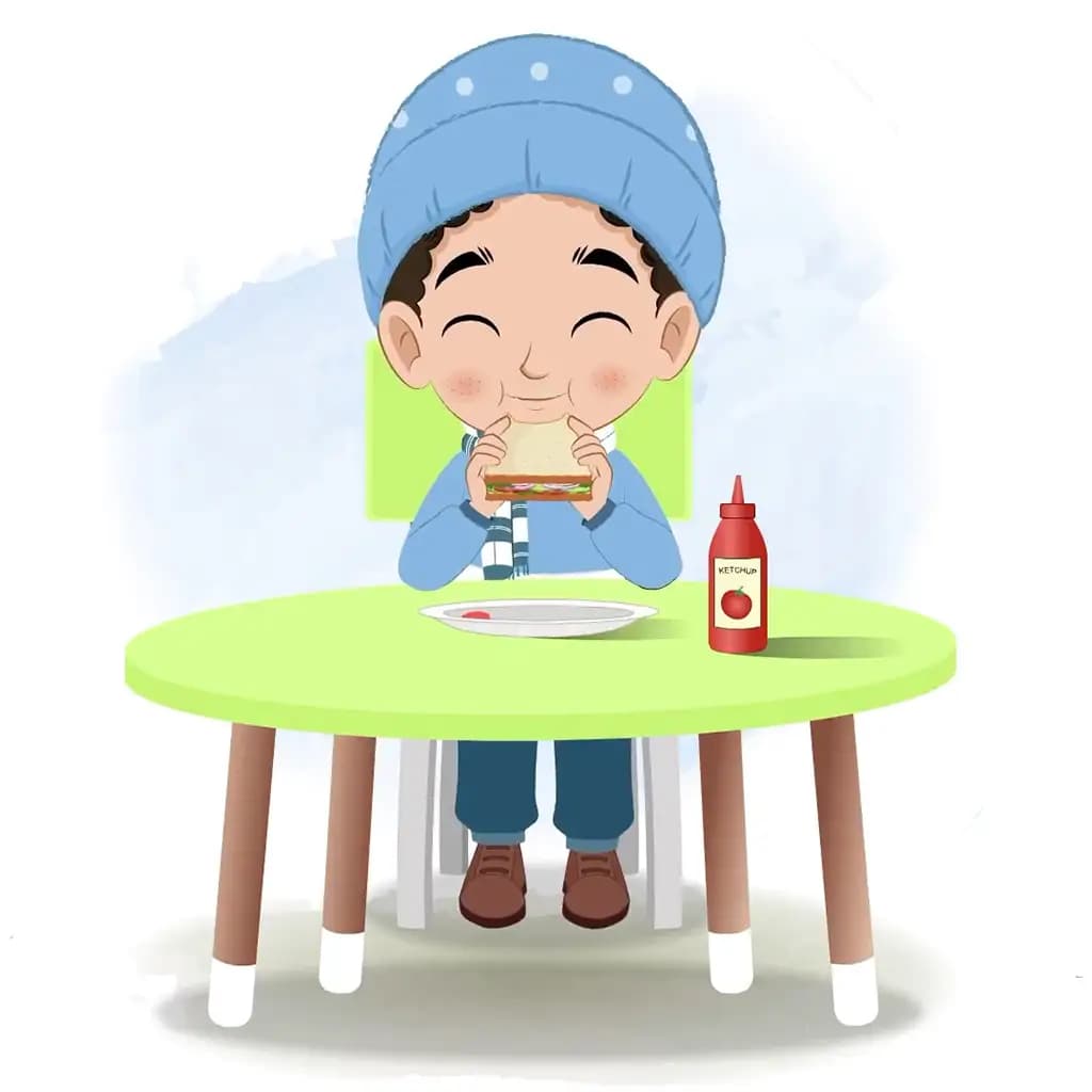 A boy in winter clothes animated cartoon character sitting at a table and eating a sandwich aka sachin