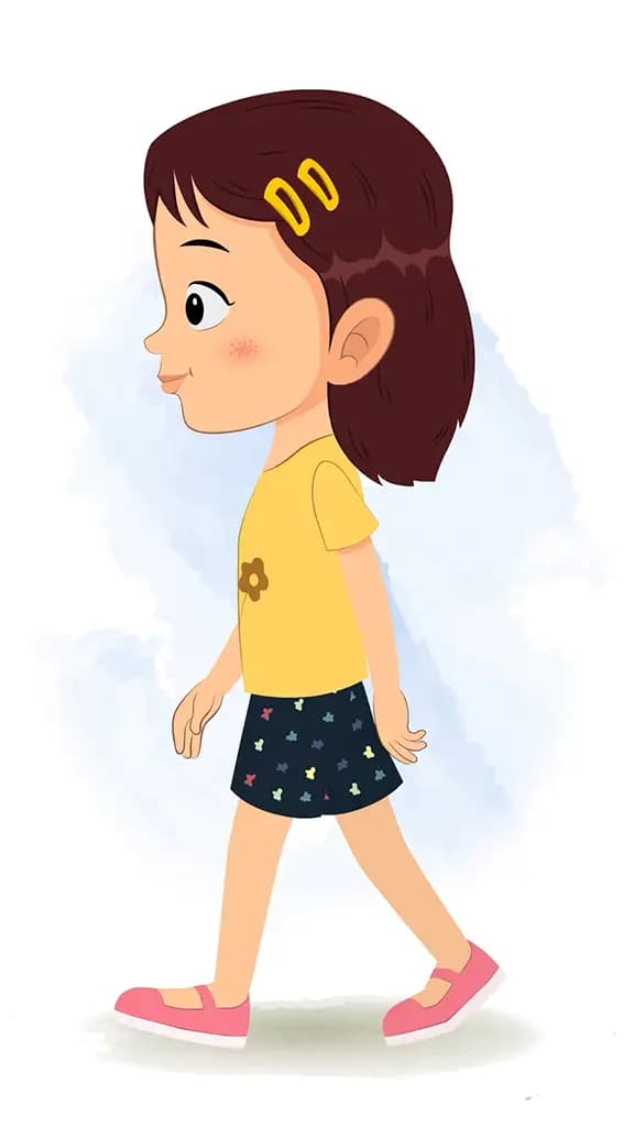 A cute girl walking side view animated cartoon character aka avni