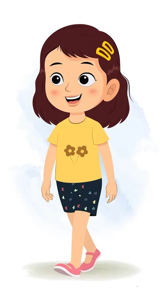 A cute girl 3/4 front view/three quarter view walking animated cartoon character aka avni