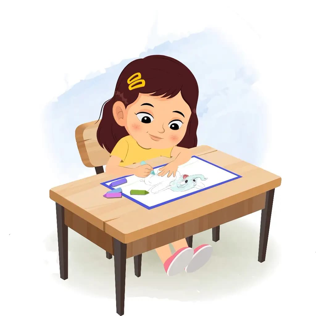 A cute girl is sitting at a table with some crayons and coloring on the paper aka avni