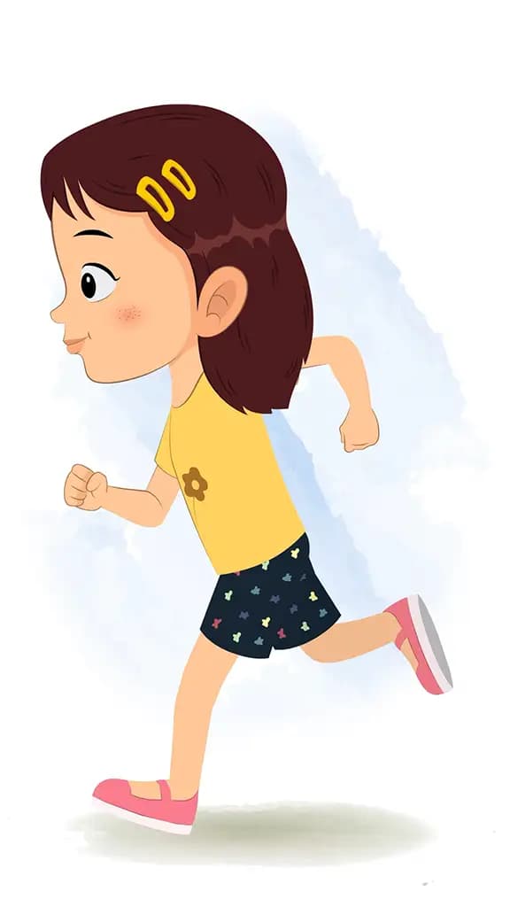 A cute girl running fast side view animated cartoon character aka avni