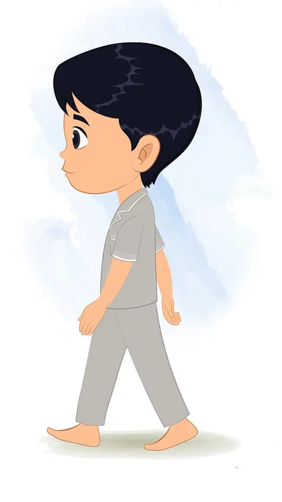 An Indian boy walking side view animated cartoon character aka ishaan