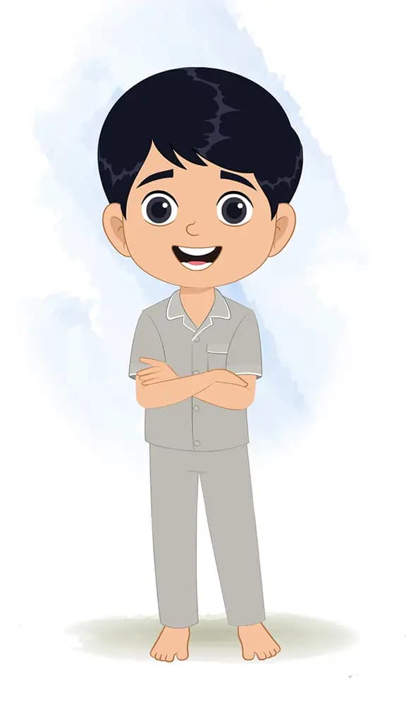 An Indian boy standing with cross hand and talking animated cartoon character aka ishaan