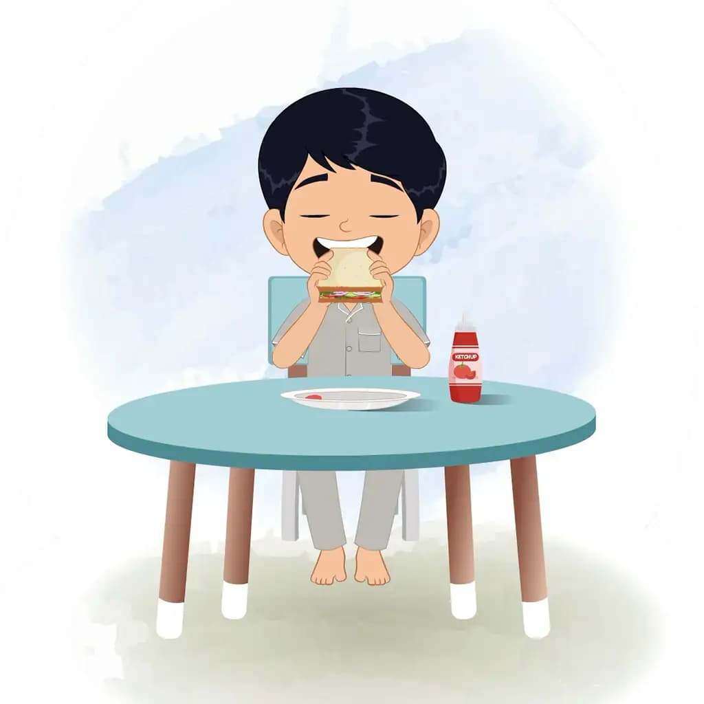An Indian boy animated cartoon character sitting at a table and eating a sandwich aka ishaan