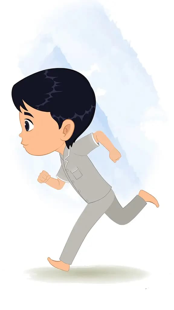 An Indian boy running fast side view animated cartoon character aka ishaan