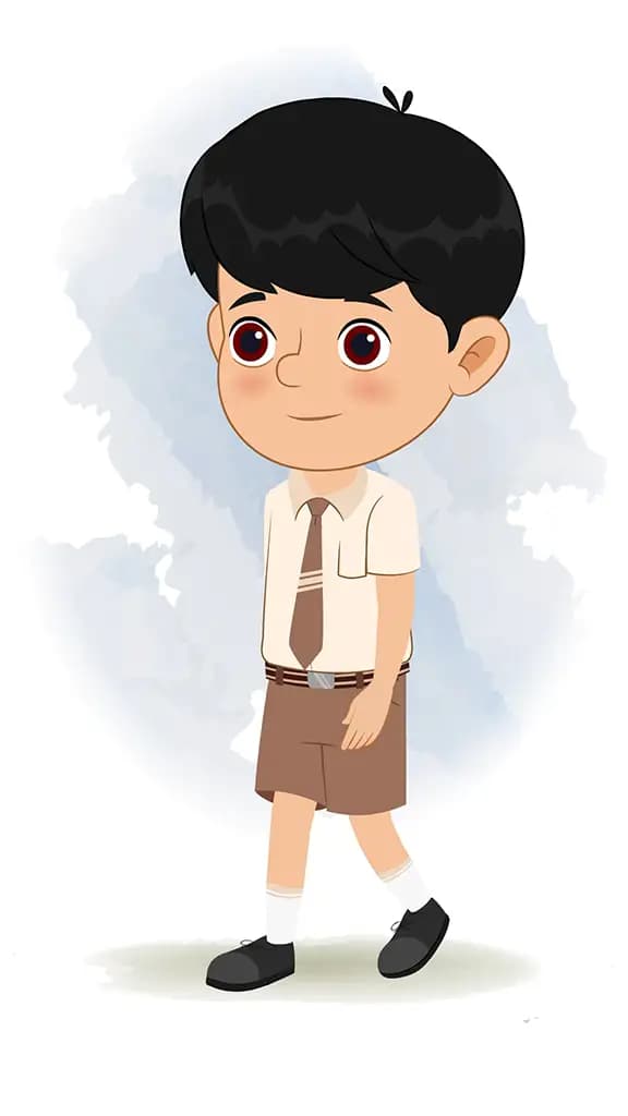 A cute school boy 3/4 front view/three quarter view walking animated cartoon character aka aarav 3/4
