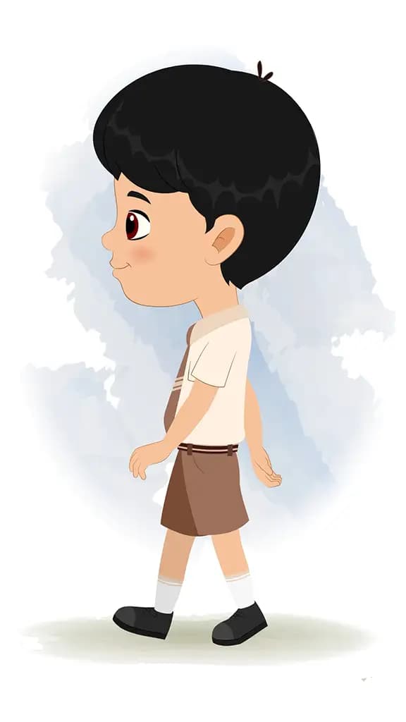 A cute school boy side walking view animated cartoon character aka aarav