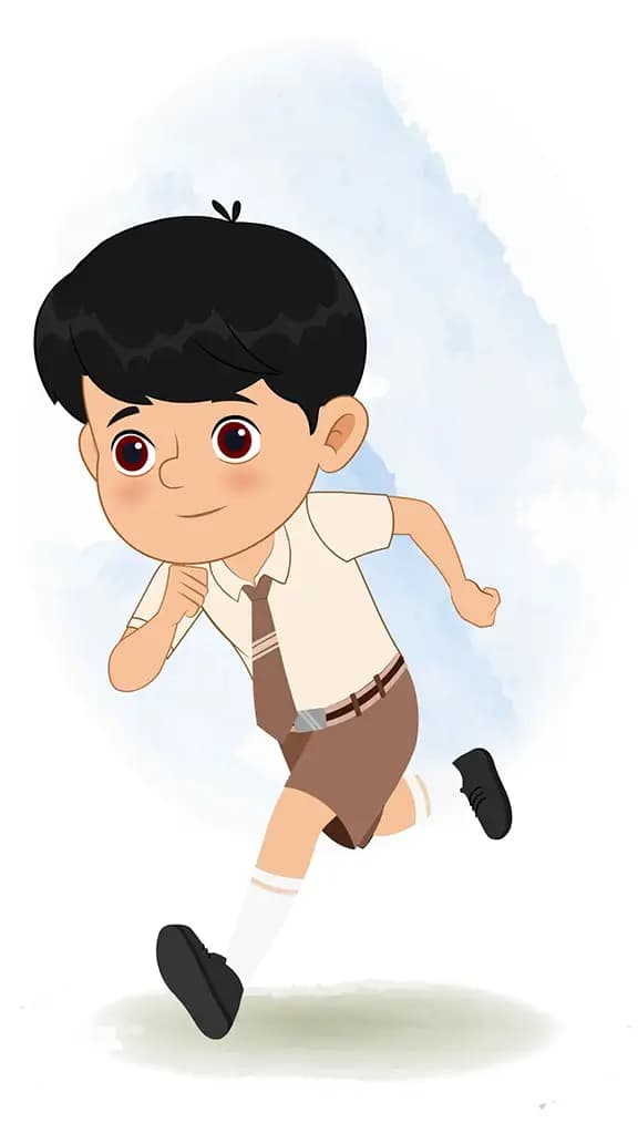 A cute school boy running three quarter view animated cartoon character