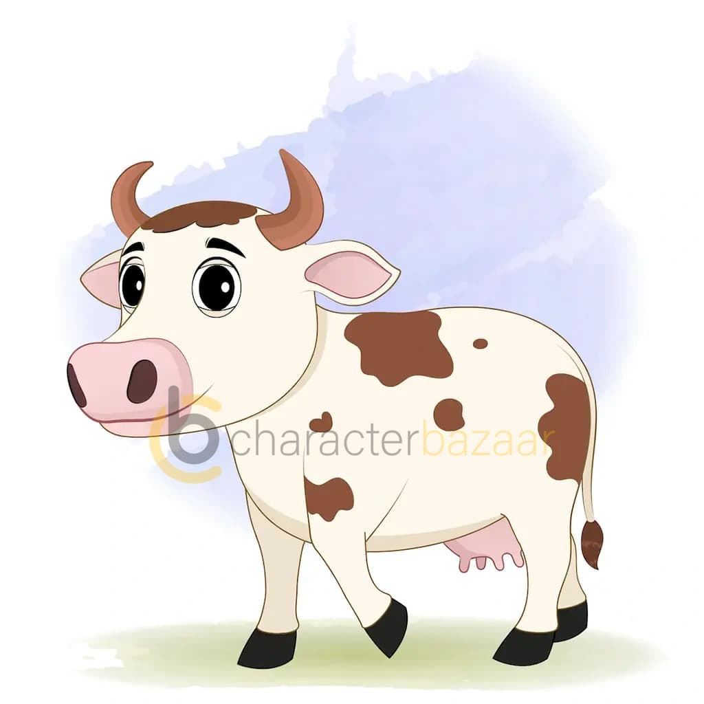 A cow 3/4 front view/three quarter view walking animated cartoon character aka choti the cow 3/4