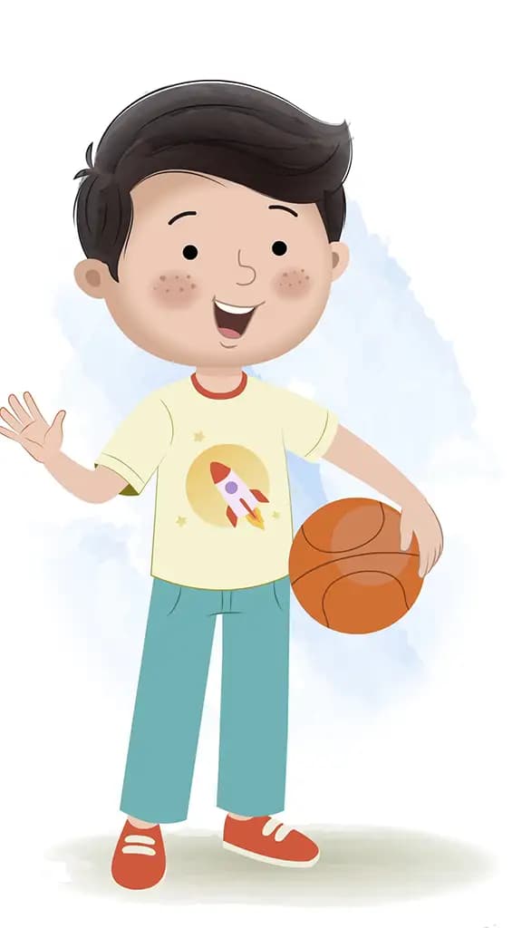A little boy saying hello with basketball animated cartoon character aka lucas