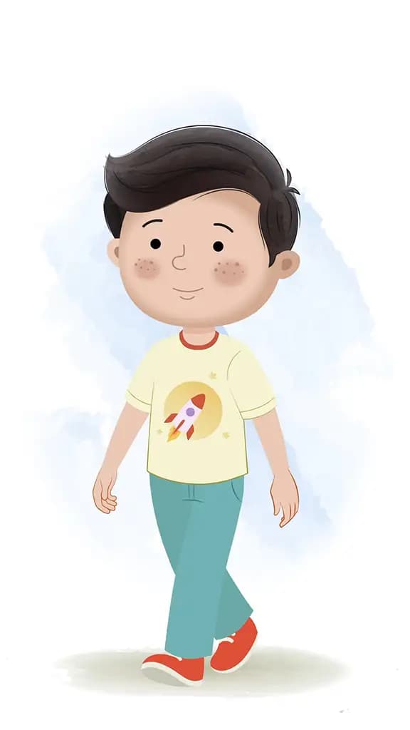 A little boy 3/4 front view/three quarter view walking animated cartoon character aka lucas