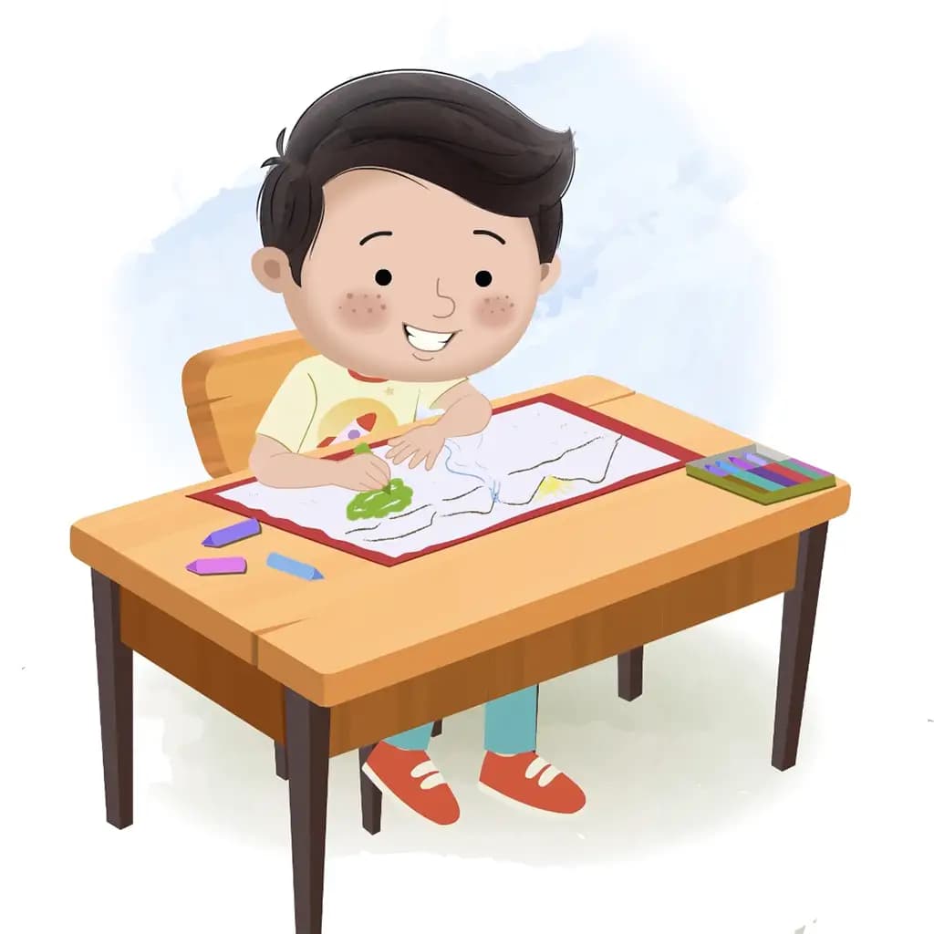 A little boy is sitting at a table with some crayons and colouring on the paper aka lucas