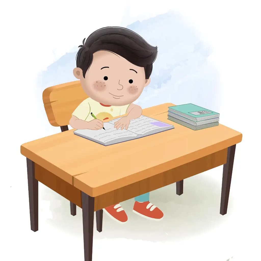 A little boy doing homework and sitting on the table animated cartoon character aka lucas