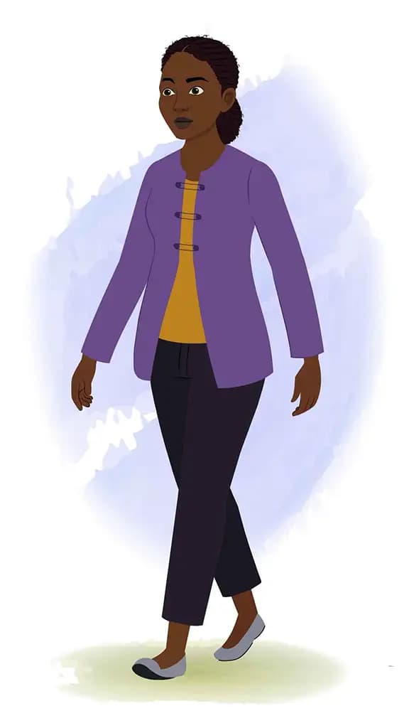 A black female teacher 3/4 front view/three quarter view walking animated cartoon character aka miss luna 3/4
