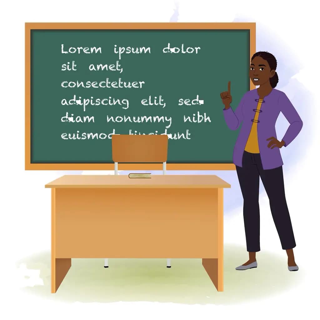A black female teacher teaching on white board animated cartoon character aka miss luna