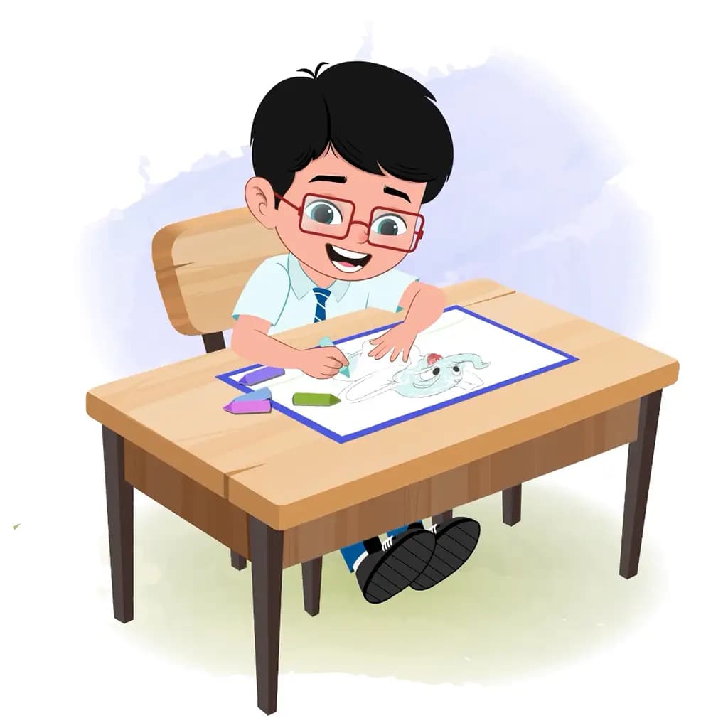 A school boy is sitting at a table with some crayons and colouring on the paper aka daksh