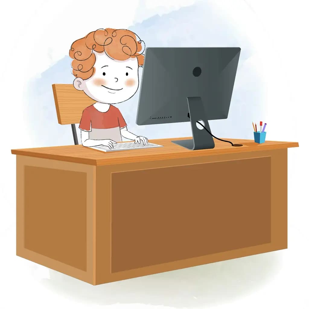 A curly hair boy animated cartoon character working on a computer aka ronny