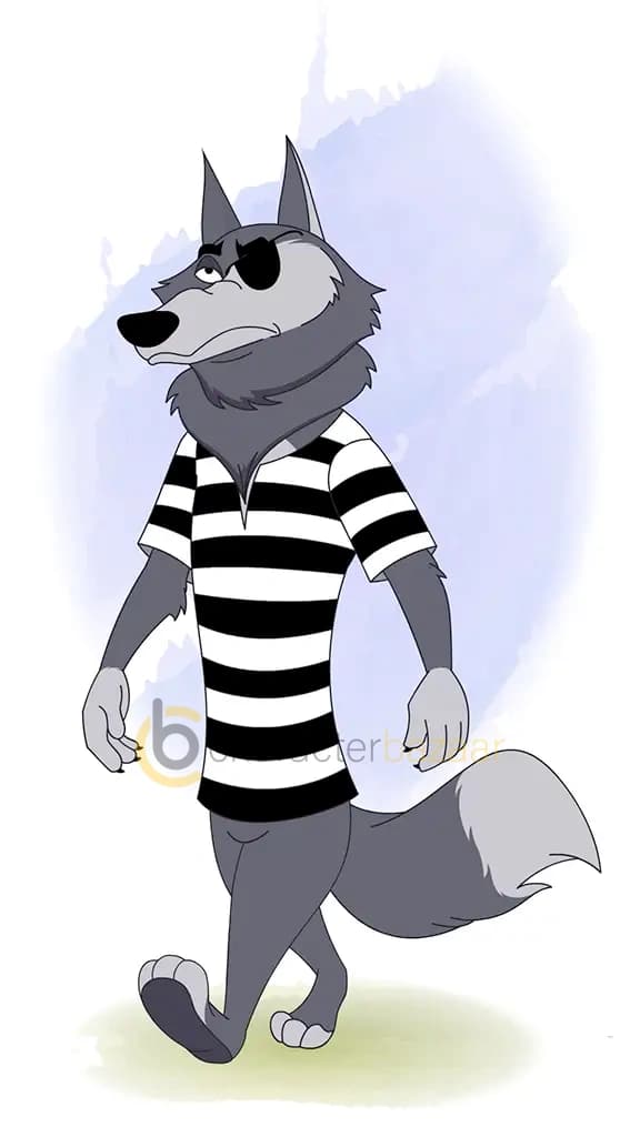 thief wolf animal front view three quarter view walking animated cartoon character
