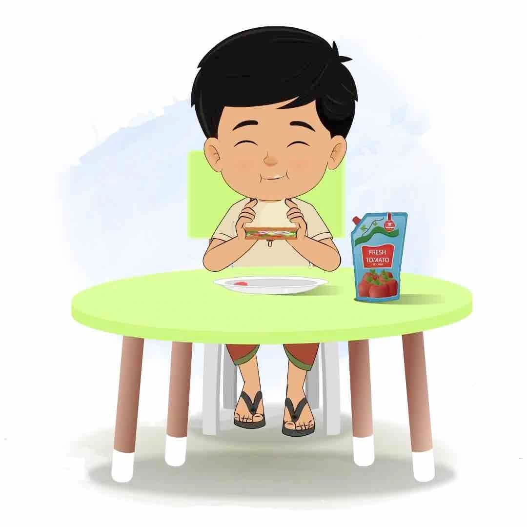 A boy in dhoti animated cartoon character sitting at a table and eating a sandwich aka rohan