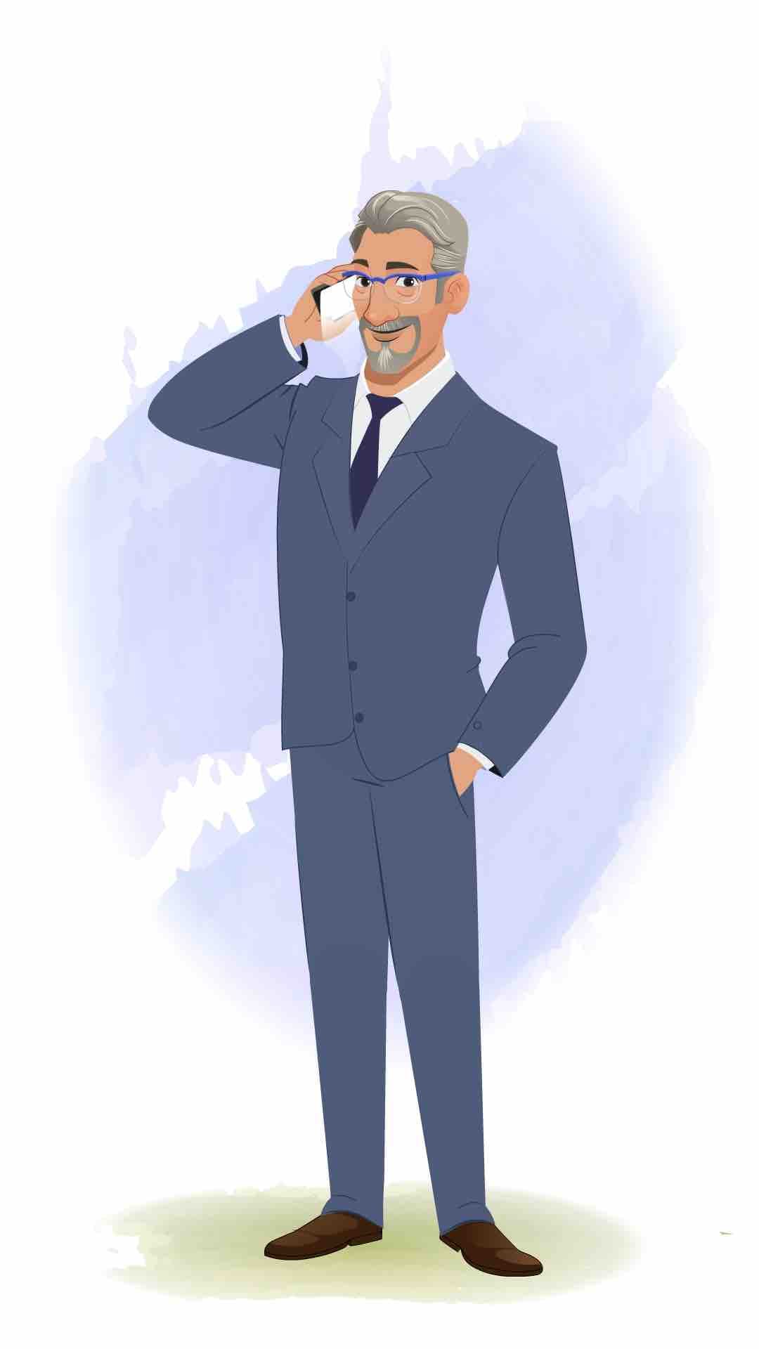 An old businessman talking on mobile animated vector cartoon character AKA George