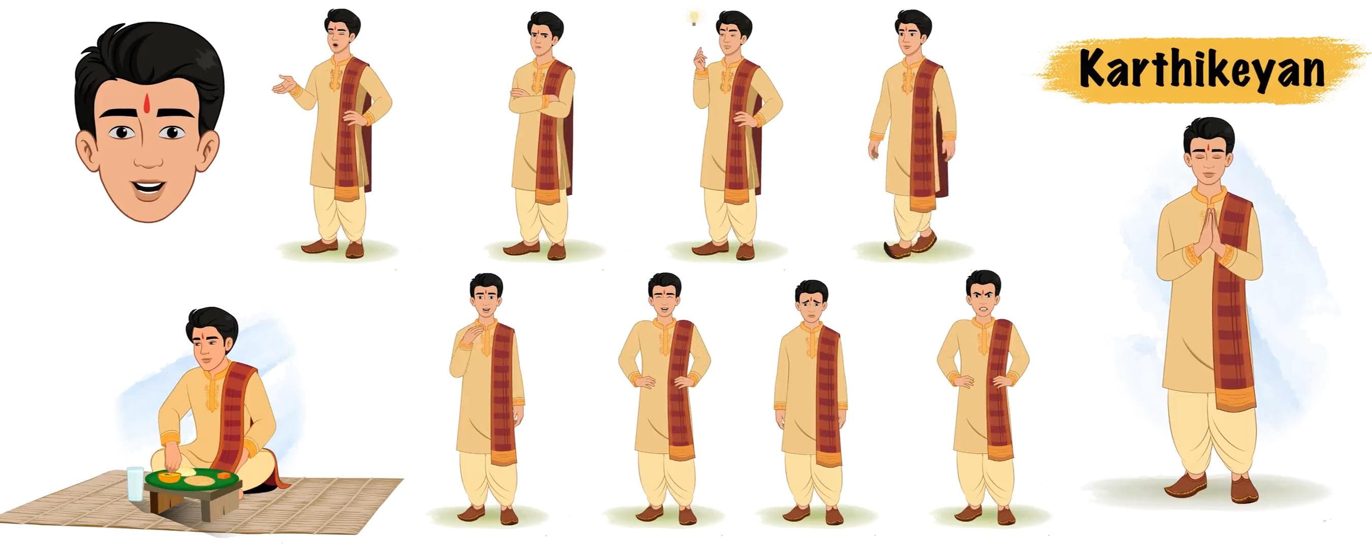 Young Indian boy animated vector cartoon character model sheet AKA Karthikeyan