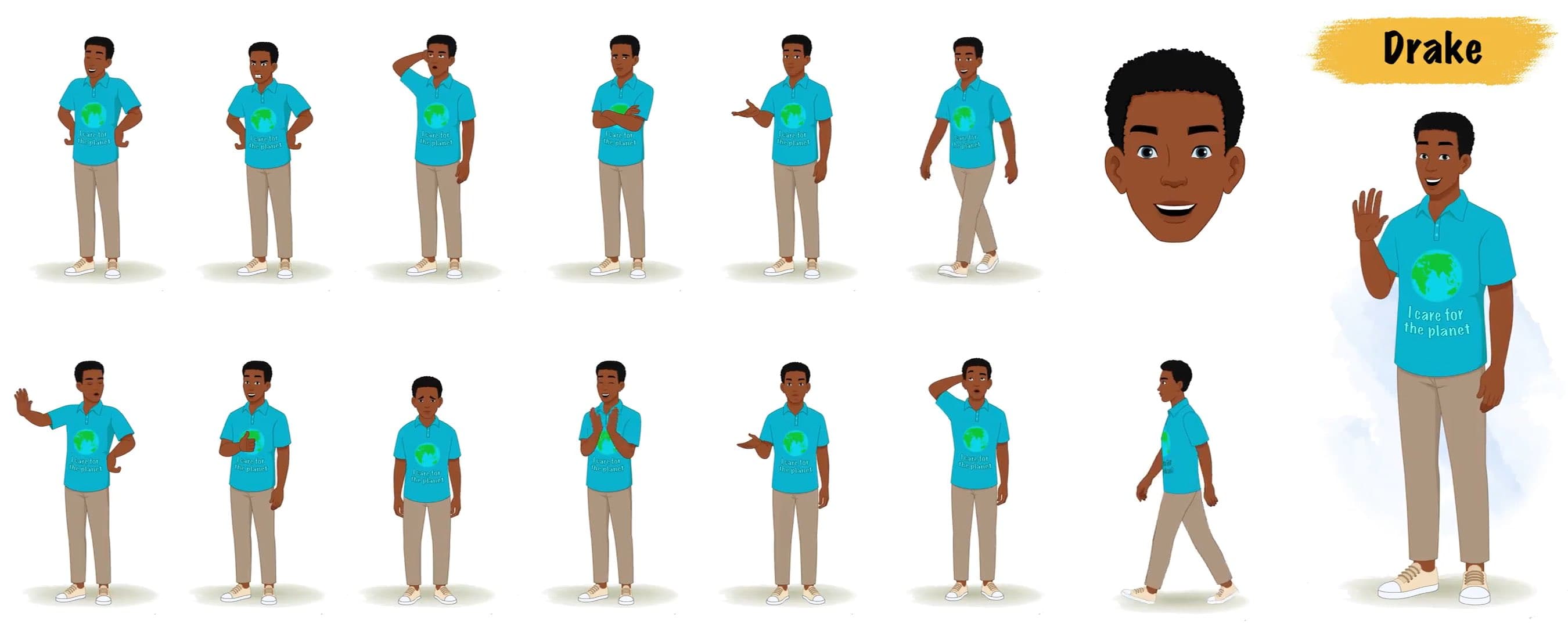 Young African man animated vector cartoon character model sheet