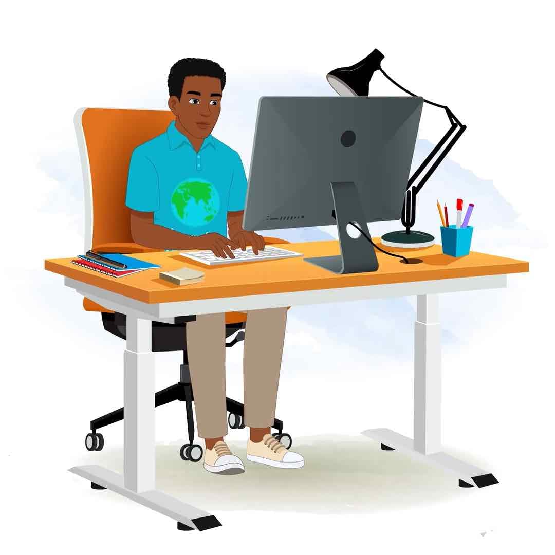 A young African man working on computer animated vector cartoon character AKA Drake