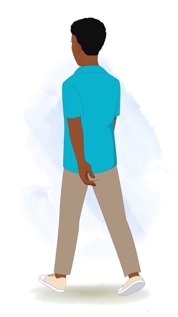 A young African man walking in back third view animated vector cartoon character AKA Drake