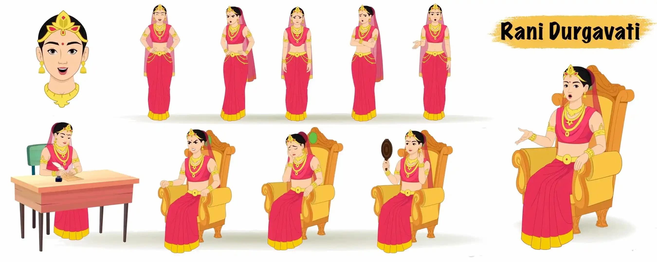 Indian rani animated vector cartoon character model sheet AKA Rani Durgavati
