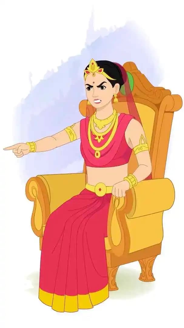 An Indian Rani sitting angrily on throne animated vector cartoon character AKA Rani Durgavati