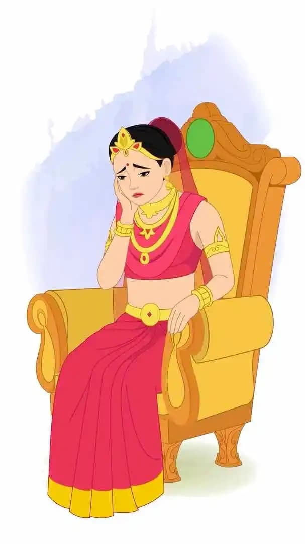 An Indian Rani sitting sadly on throne animated vector cartoon character AKA Rani Durgavati