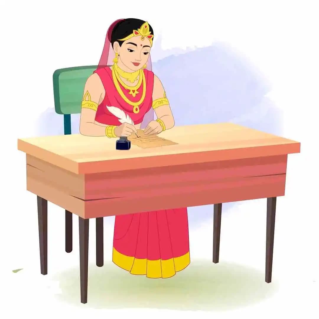 An Indian Rani writing a letter with feather pen animated vector cartoon character AKA Rani Durgavati