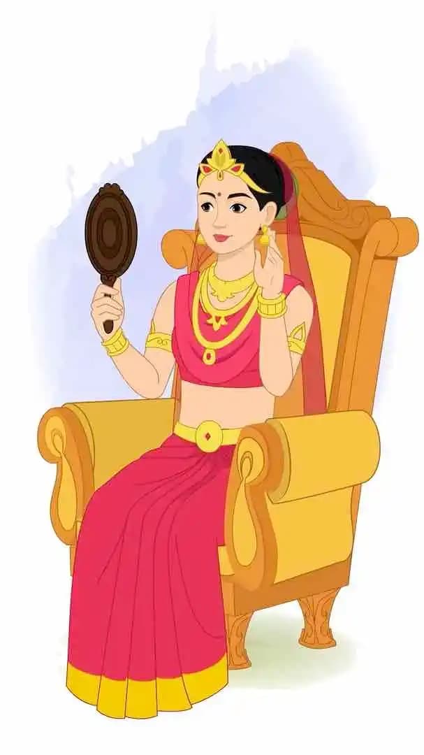 An Indian Rani getting ready & looking in mirror animated vector cartoon character AKA Rani Durgavati
