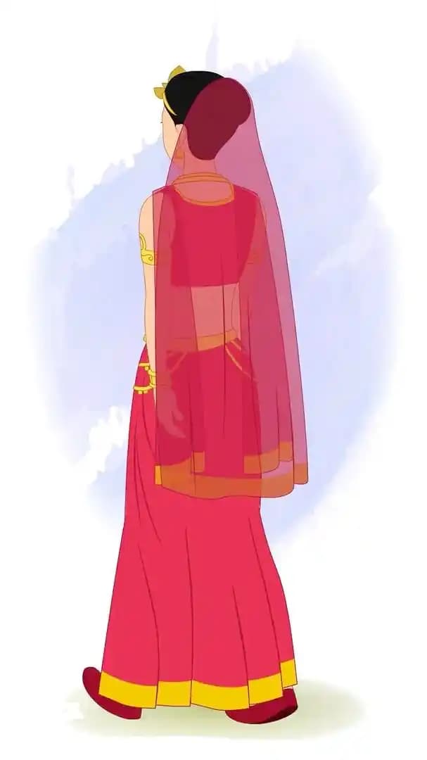 An Indian rani walking in back third view animated vector cartoon character AKA Rani Durgavati