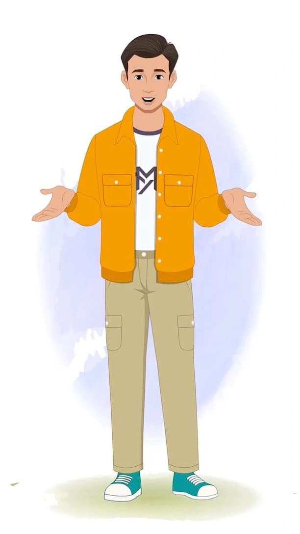 An Indian man in orange jacket talking animated vector cartoon character AKA Bharat