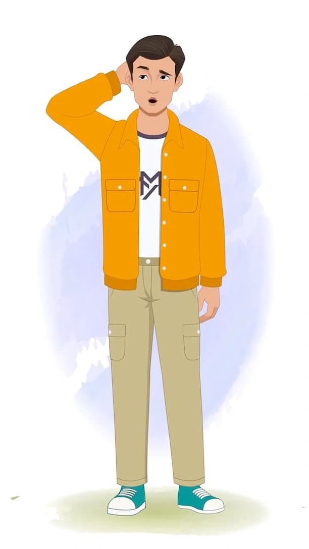 A confused Indian man in orange jacket animated vector cartoon character AKA Bharat