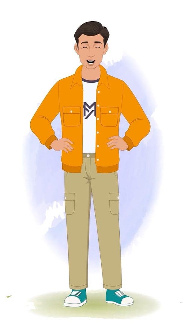 An Indian man in orange jacket laughing animated vector cartoon character AKA Bharat