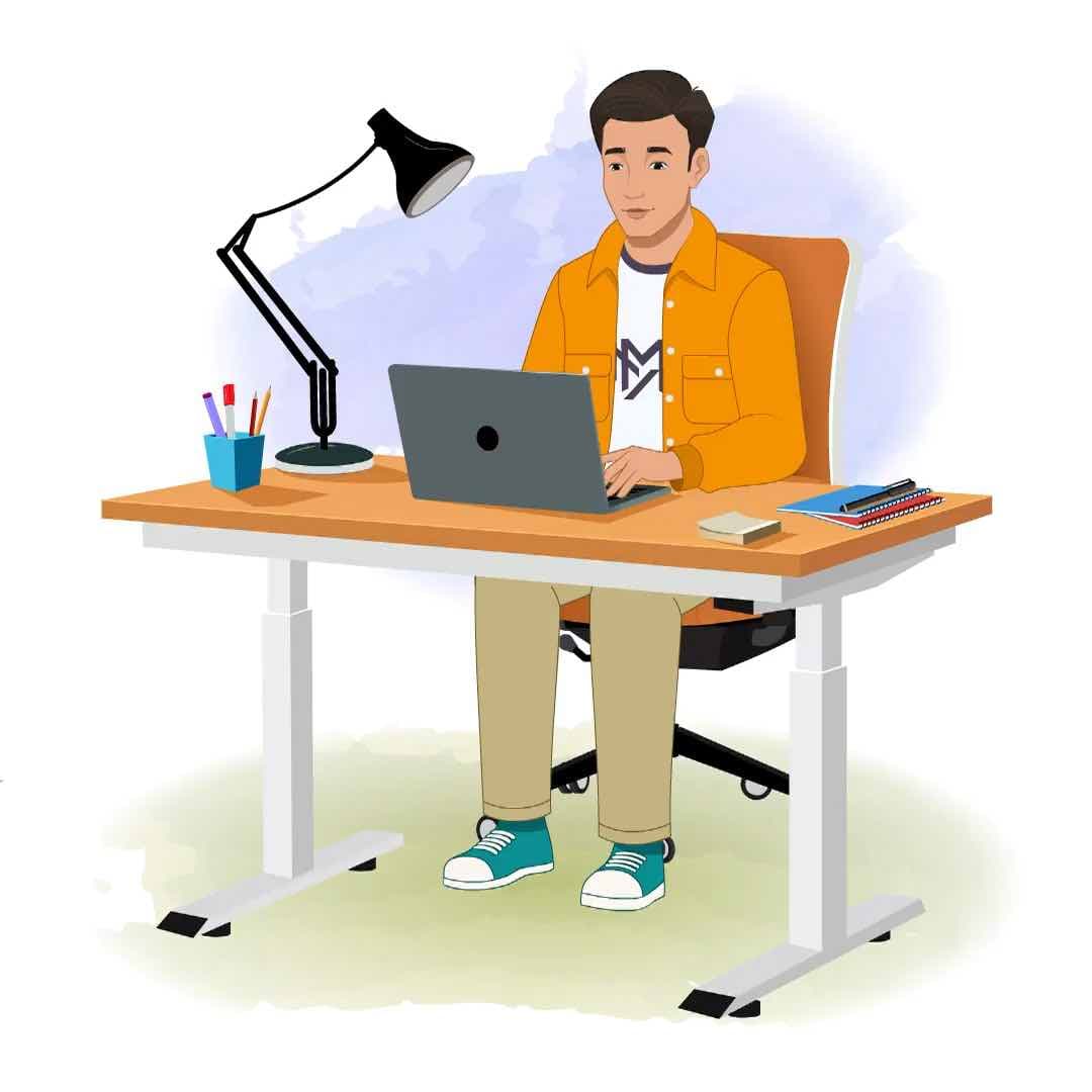 An Indian man in orange jacket working on computer animated vector cartoon character AKA Bharat