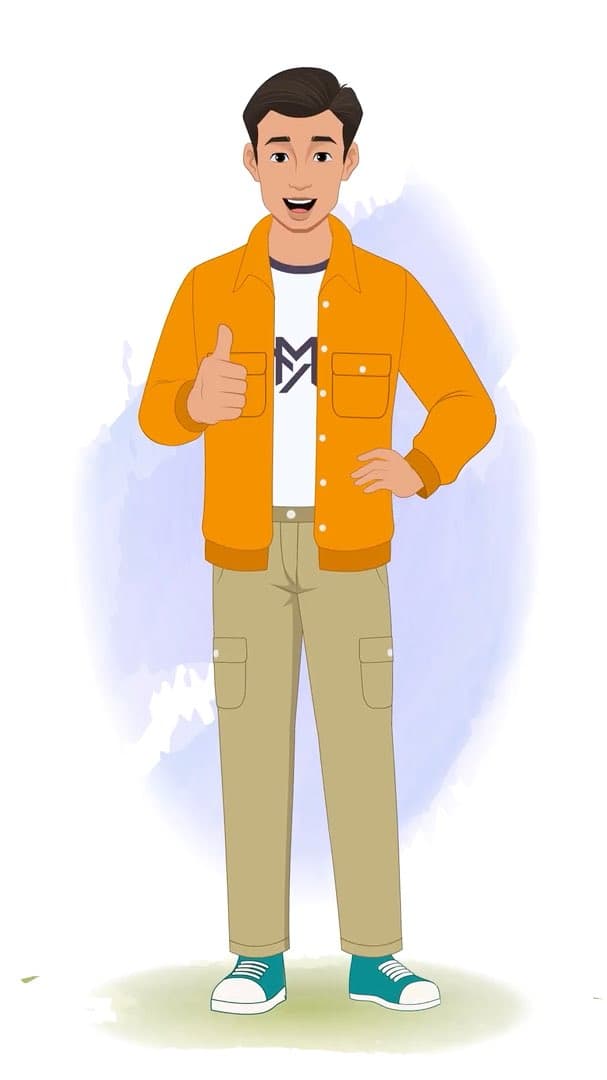 An Indian man in orange jacket thumbs up animated vector cartoon character AKA Bharat