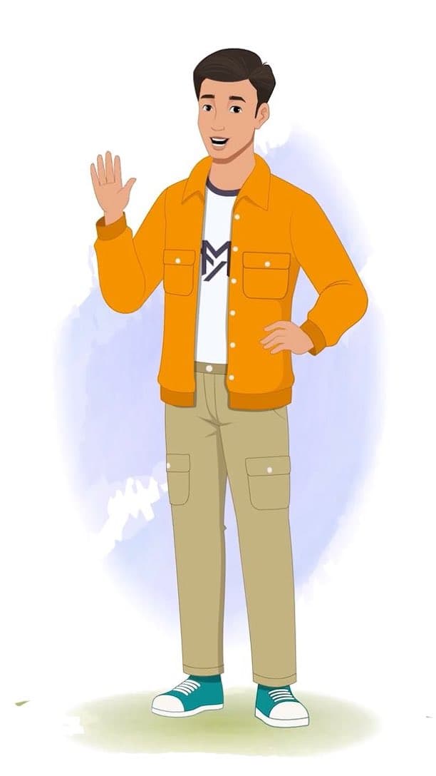 An Indian man in orange jacket saying hi animated vector cartoon character AKA Bharat